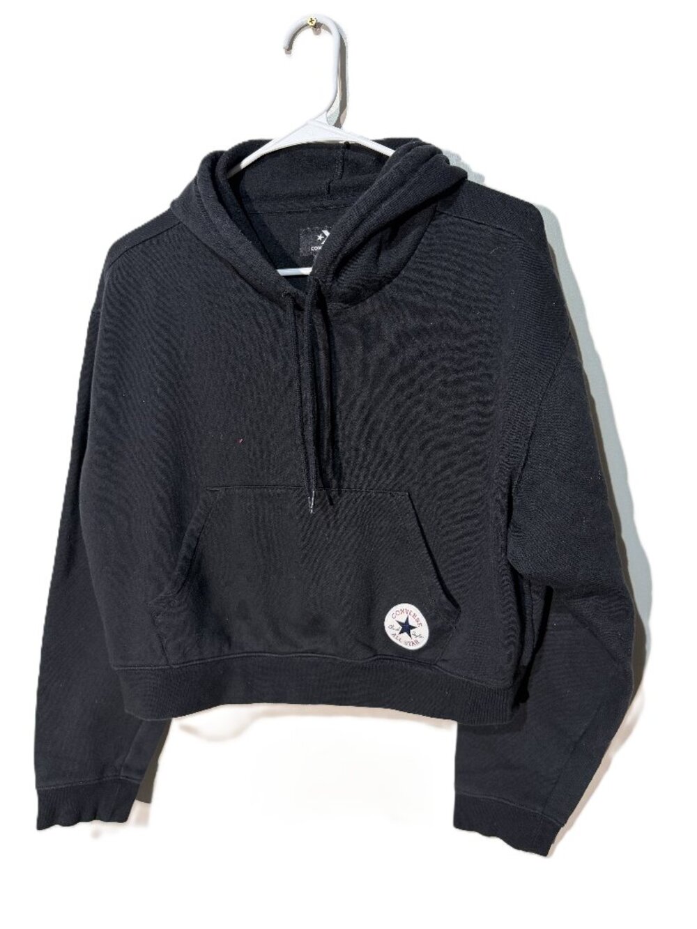 Converse Cropped Pullover Hoodie Black L All Star Patch Pocket